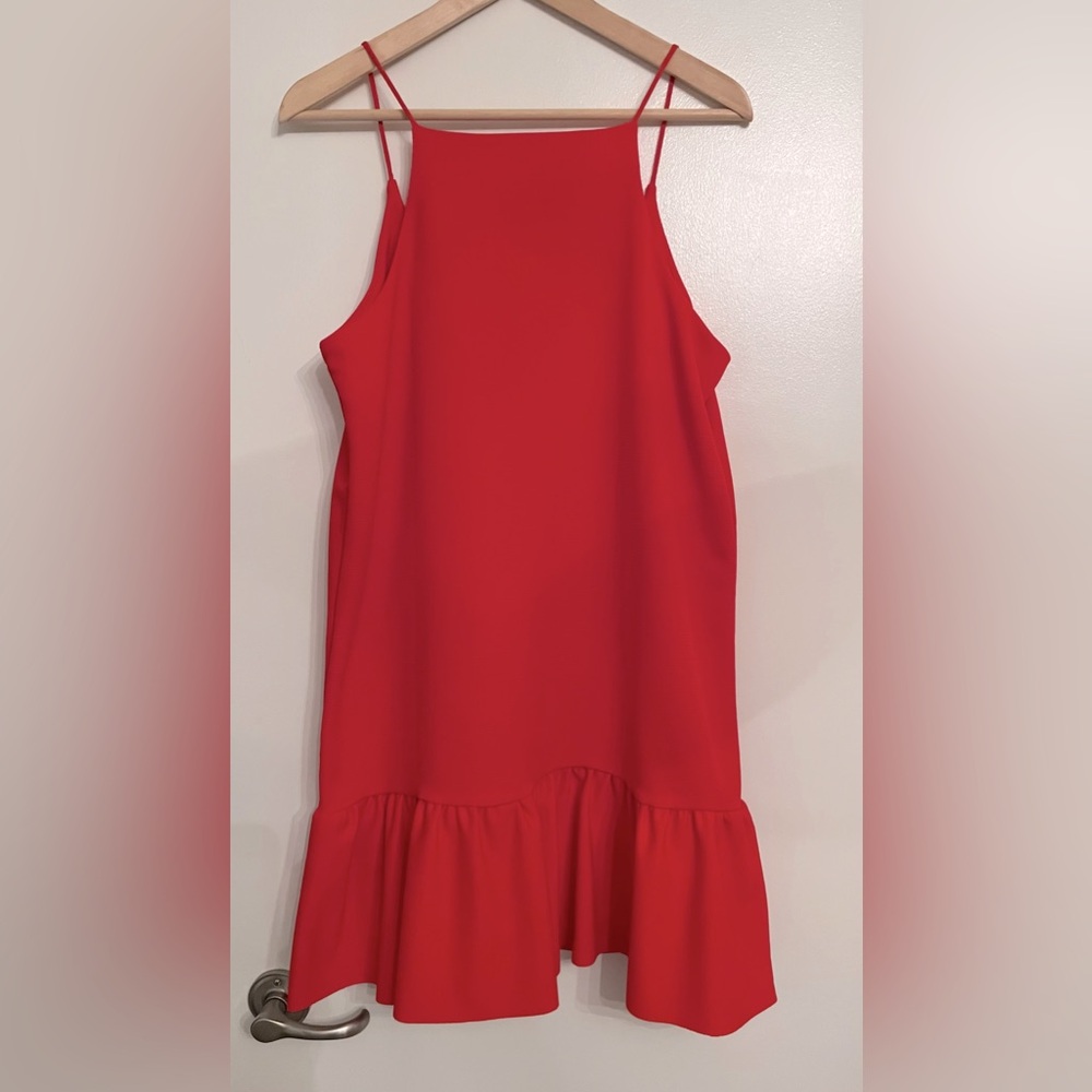 Red Spaghetti Strap Ruffle-Hem Dress